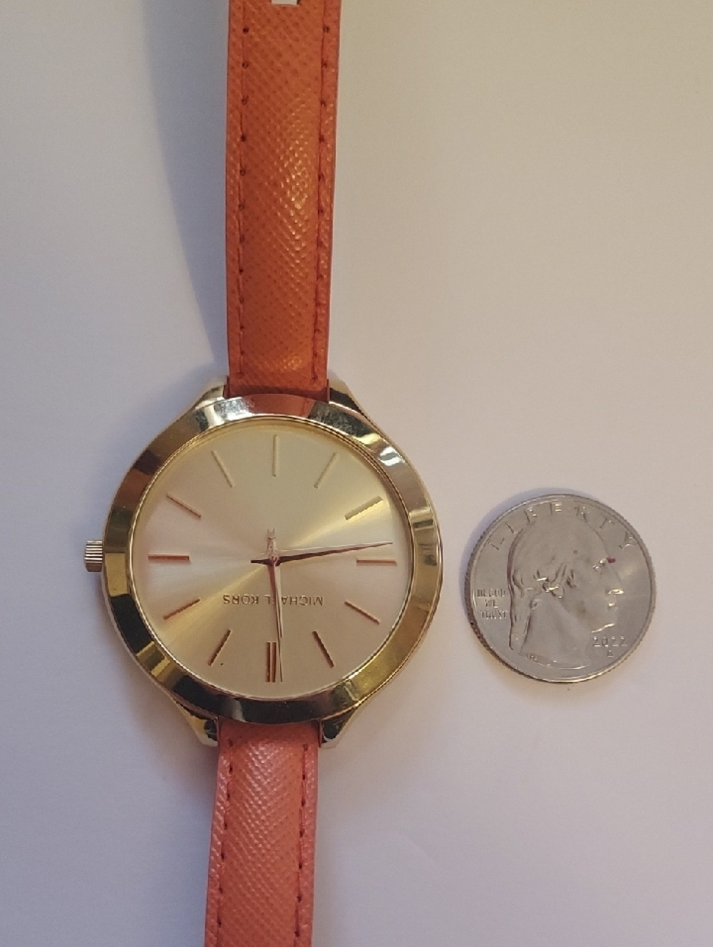 Michael Kors Watch Large Face Gold And Orange Leather Band - Picture 12 of 16